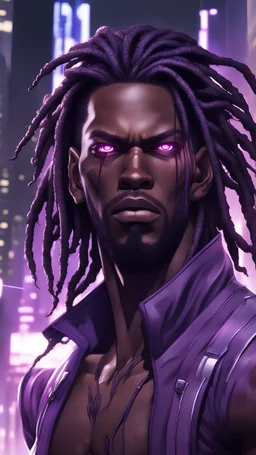 Anime male, dark skin, age 35, long thick dreadlocks doing down past neck length, purple highlights in hair, dark brown natural hair color, black and purple ju jitsu gee, deep glowing purple eyes, muscular body, scar on face, glowing purple cybernetic features in hair, shouting, in a futuristic dystopian city scape