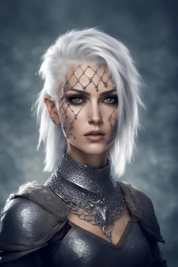 Kalashtar. 2 big scars across her whole face. Runs karvd in her skin. Wearing chainmail. Short silver hair