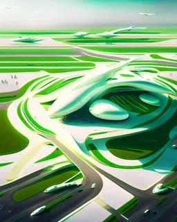 Aeropuerto futurista pistas aviones arquitectura estilo Zaha Hadid color blanco crema 8k gente zonas verdes parqueaderos vista aerea