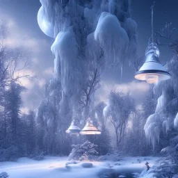 winter landscape, bells, ice, dreamy, science fiction