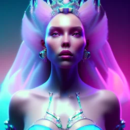 A portrait of a crystalised queen, atmospheric, realistic, unreal engine, cinematic lighting, octane render, transoarent, pink turquoise light