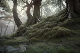 GIGANTIC SANDSTONE TERRAIN,TUNDRA TORNADO,MOSSY FOREST ROOTS,ROTTEN TREE STUMP, unity engine, bloom,cinematic lighting,blue tone, octane render.