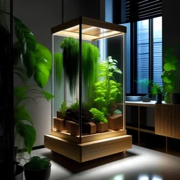 A response to increasing urbanization, aiming to bring nature indoors. Houseplants, vertical gardens, and hydroponic setups. Bio-luminescent plants for soft lighting. Natural wood combined with digital interfaces.