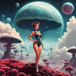 slim Sci-fi pin-up girl on an alien planet of cloud trees in the multiverse