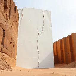 L'immagine mostra una struttura alta e imponente, simile a un muro bianco monolitico, posizionata in un paesaggio desertico, accanto a strutture artificiali verticali di pietre di fango secco. La superficie del muro è caratterizzata da un'apparente fragilità, con fratture irregolari e bordi sbriciolati, come se fosse stato eroso o spezzato. A sinistra e a destra del muro si intravedono pareti rocciose naturali, che contrastano per colore e texture con la superficie artificiale