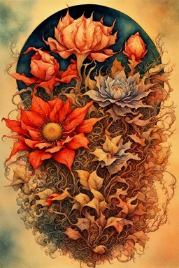 Fantastic big exotic flowers, watercolor ink, intricate, magical, in the style of James Jean, Brian Froud, Yana Movchan, Zdzisław Beksinski, Hieronymus Bosch, hyperdetailed, sharp focus, intricate, concept art, digital painting, ambient lighting, 16 k, trending on artstation, hyper quality, highly detailed, fantasy, beautiful, colourful.