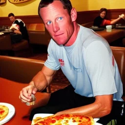 Lance Armstrong eating pizza at a Denny's restaurant