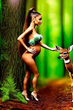 Ariana Grande as a forest nymph in the woods raising a baby deer as her own high quality