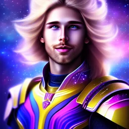 smiling beautiful long hair blond man face with cosmic armor and cosmic purple and blue sky behind