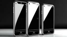 3 vertical layered smartphones mockup, empty metallic screen, left side perspective, dark ambience, weißes gehäuse