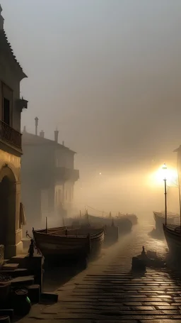 Qaitbay Citadel in Alexandria, fishermen’s boats anchored around it, fishermen putting fishing nets on their boats, fog covering the place, the moment the sun rises