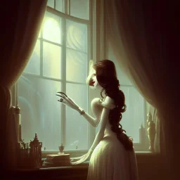 pltn style, Mrs. Affair and her window, dark fantasy by Tim Burton, trending on artstation,16k, sharp focus, art illustration, Pixar render, unreal engine cinematic smooth,intricate detail, by greg rutkowski, Pixar render, unreal engine cinematic smooth,intricate detail