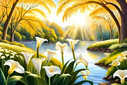 romantic park with white arum lily flowers, white, or gold light effects colors, sun, realistic, beautiful blooming trees in springtime, white wild Callas along a river, highly detailed, high contrast, 8k, high definition, concept art, sharp focus