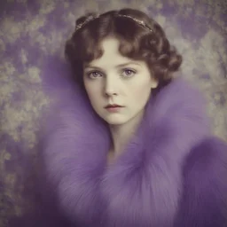 Dorothy,,purple fur, flowered wallpaper background, old autochrome