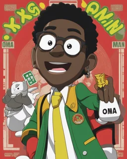 A 3D animated character with a round face, prominent eyes, and a small, protruding tongue. He is wearing glasses, a green jacket with a yellow collar, and a badge on his jacket that reads 'IKENGA Obodo Oma!'. He holds a black signboard with white text that reads 'OGA MAN COMEDY'. The character is positioned against a red background.