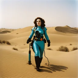Dune movie by Russ Meyer, psychedelic tattooed Kat Dennings in technical Stillsuits with tubes and binoculars: she is lost in the dunes, vintage 1970's photo