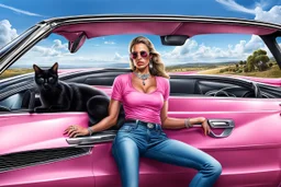 Woman in pink sedan sport car wearing a pink top blue jeans and silver jewelry next a black cat sitting in car, detailed, photorealistic, harmony mood, blue sky, background landscape