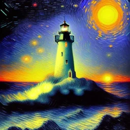 Fantasy, light house, Rocks, lighting, surreal, waves crashing below, 8k, sunset, sketch by Van Gogh in oil