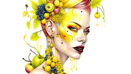 white background, Punk Woman 49 years old, hair made of Fruits, Grapes, tangerines, gold, gouache, watercolor, acrylic, paint drips, branches, fine drawing, golden makeup, bees, tattoo, alien, bright colors, fine drawing, double exposure , high detail, high resolution, 8K, 3D, bees,