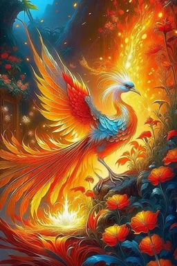 a firebird, fiery feathers that shine with silver and gold and burn with fire, a long sparkling tail burns with fire, wings like tongues of flame, eyes glow like crystals, an unusual fiery light reflects its belonging to another non-human world, in a faraway kingdom in a beautiful garden, rejuvenating apples grow in the garden, realism, light, highlights