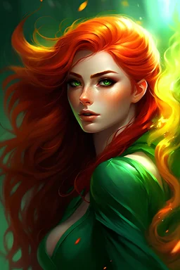 - Tara Boumdeay, a young woman with fiery red hair cascading down her back like a waterfall of flames - Her emerald green eyes gleam with determination, reflecting a mischievous spark - A smirk plays on her lips, hinting at her adventurous spirit and quick wit - She stands tall and confident, with a lean and athletic build, ready to take on any challenge - Tattoos of vibrant tomato vines snake across her arms, a testament to her obsession with gardening and her quirky sense of style - Dressed in