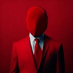 a man wearing a red suit with a red tie who is missing his face