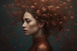 "Young woman covered in tiny copper flowers emerging from a tree, detailed matte painting, deep colour, fantastical, intricate detail