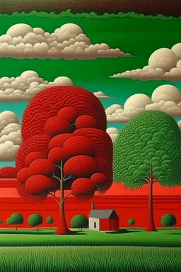 A red farmland with bio life painted by René Magritte