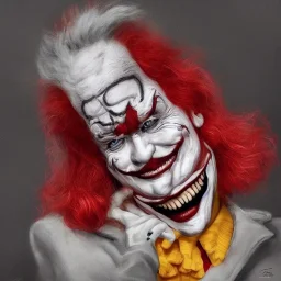 Insanely detailed portrait of Ronald McDonald like DC's Joker, in front of a McDonald's:: perfect proportions and hands :: by Artgerm, Greg Olsen, Pixar, WLOP :: hyperrealistic, hyper detailed, photorealistic :: a masterpiece, incredible composition, amazing depth, imposing, meticulously composed, 8k :: unreal engine :: Mappa studios :: detailed matte painting, deep color, fantastical, intricate detail, splash screen, complementary colors, fantasy concept art, 8k resolution trending Artstation