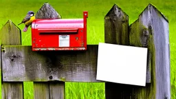 an old wooden fence with a little bird on it, a red old mailbox on the fence, a big note stuck on the mailbox