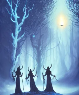 a sci-fi fantasy painting of three witches wearing robes decorated with blue peacock feathers, with white trees in the background, a black hole opens above the priests, volumetric lighting, Anato Finnstark, 8k