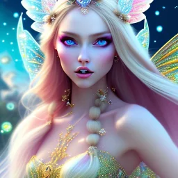  beautiful, soft, whide smile face,whole head,see full head, long blonde straight hair, blue eyes, fairy wings on the back, transparent crystal blue and pink clothes, background blue and pink, big definition, 8K