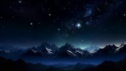 8k landscape realistic, Background: A mountain range, bathed in the cold glow of distant stars and constellations. The landscape is desolate and dark with the sky filled with stars and the moon, with jagged mountain peaks rising from the frozen ground. The sky is filled with numerous nebulas and constellations, adding an air of mystery and intrigue with a small winter cabin nestled in the valley of the mountains as the peaks tower over it. There is gentle snowfall.