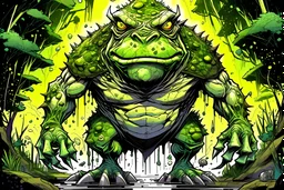 lumbering, hulking, enormous, giant psychic mutant humanoid frog king who handily overcomes doomsday plans of evil global cadre of bloodthirsty villainous psychopaths hellbent on enslaving humanity. beautifully illustrated photogenic contemporary comic book best selling graphic novel. quirky. unique. distinct