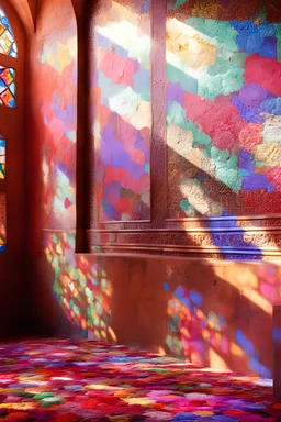 Ultra hd editorial female iranian model structure outfit short skirt and top colorful balmain plataform shoes In public location in Nasir al-Molk Mosque, Shiraz