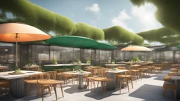 there is a picture of a restaurant with tables and umbrellas, solarpunk cantine, conceptual rendering, architectural rendering, photographic render, architectural render, artist impression, architecture render, artist's impression, artists impression, green terrace, photo render, artistic render, by Richard Carline, architectural visualisation, drawn with photoshop, post processed denoised, digital rendering