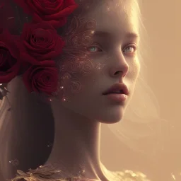 red roses beautiful girl,utra realistic,highly detailed, masterpiece, delicate detailed, sharp focus, insanely detailed, fantasy art, royalistic,elegant, fog, Special Lighting,glowing lights Vibrant, color Scheme, forest, octane render, trending on artstation, ultra photoreal,hypermaximalist