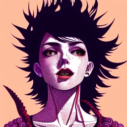 beautiful punk girl, leaning pose, smiling, hyper detailed, hyperdetailed, intricately detailed, illustration by <asaf hanuka>, purple tones, darkred tones,