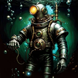 90's tcg art silver steampunk male diver with glowing helmet underwater