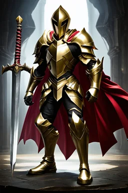 photorealistic holy knight paladin in darkly gold armor and a cape wielding a greatsword in abyss