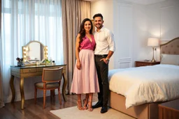 very beautiful lady with beautiful midi skirt and blouse standing next to her boy friend in a luxury bedroom with high heels next to makeup desk looking to camera