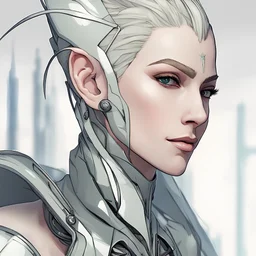 Generate a portrait of a non-binary individual who serves as the CEO of a powerful megacorporation in a cyberpunk world. This character has undergone extensive cosmetic surgery to resemble a fantasy Elf, blending futuristic cybernetics with ethereal features. Elven-inspired facial characteristics such as pointed ears, almond-shaped eyes, and elegant facial structure. Futuristic cybernetic enhancements seamlessly integrated with their appearance, indicating thei
