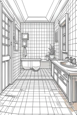 Outline art, simple House interior design, toilet, cartoon style, thick lines, low details, --ar 9:11
