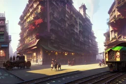 Train over corner building+Hanoi train+corner building +A greengrocer in colorful genoa street+Italian medieval town +Italian city sea+alphonse mucha, greg rutkowski,matte painting, cryengine, hyper detailed, felix kelly, fantasy art, seb mckinnon