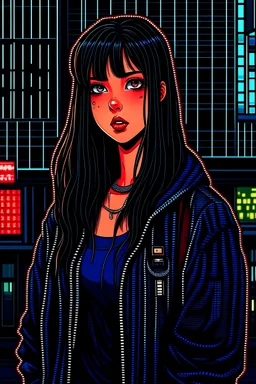 pixel art of the girl, best quality, cinematic lighting, detailed casual baggy outfit, black and neon detailed colors, perfect blue eyes, black hair, black eyes, long dark brown hair with bangs, silver piercing,