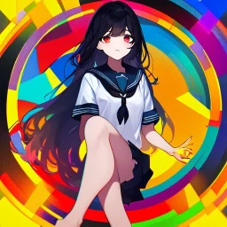 Clear focus, High resolution, long black fluffy hair, red eyes, chopped bangs, wearing a sailor uniform, wearing a sailor skirt, colorful, hollywood, female, human, mortal, thin legs