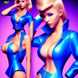 Neon blonde pop girl in blue costume, big boobs , holding cucamber