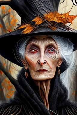 Old White-haired Witchery Witch in her pointed hat ready for the Coven in rusty autumn leaves and silver cobwebs. with burnished browns and abyss black.