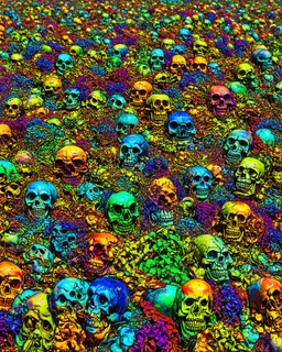 a field of skulls, multi colored, bright, vivid, psychedelic, high detailed, matte, bunches and bubbled up clumps, horrorcore, vines, unsettling contrast