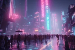 3D, beautiful, light reflecting, empty future city at night, rainy night, neon, cyberpunk, tron, cyborgs walking, 8k, finely detailed, photo realistic